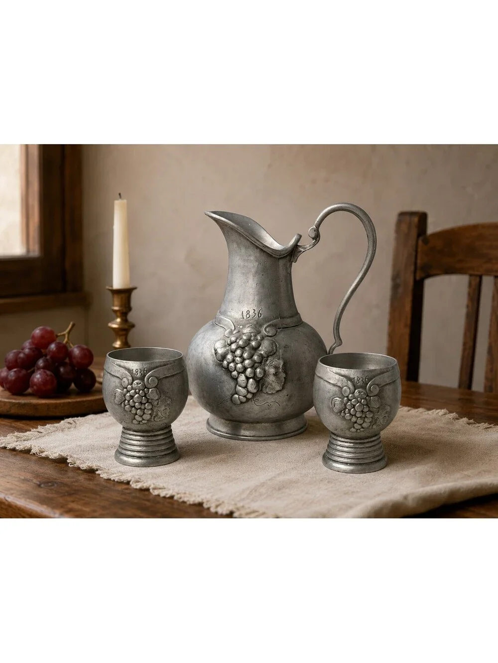 Vintage Artina SKS Zinn 95% Pewter Pitcher & 2 Goblets Grape Set